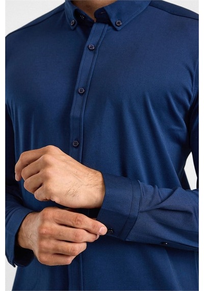 Süvari Lacivert Slim Düğmeli Yaka Manşetli Casual Gömlek Sgm2025500003-m09