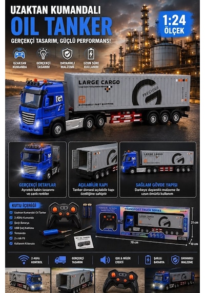 Uzaktan Kumandalı Konteyner Tır 1:24 Ölçek Şarjlı Oyuncak Tır 2.4ghz Işıklı Müzikli Kamyon