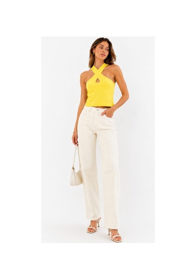 Onno Style Women Kolsuz Askılı Çapraz Yaka Triko Kadın Bluz Sarı