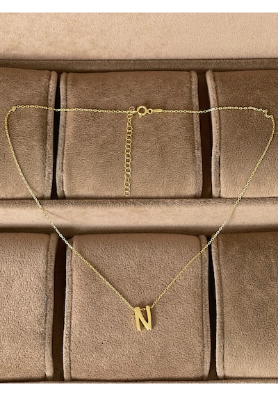 925 Ayar Gümüş Gold Renk N Harfi Kolye Harfli Kolye 45cm