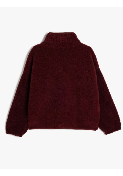 Koton Oversize Çıtçıt Düğmeli Cep Detaylı Peluş Sweatshirt Bordo 5wal10859ık Bordo
