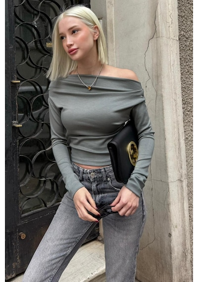 Madmext Haki Kadın Off Shoulder Uzun Kollu Bluz Mg2567 Haki