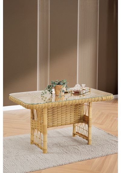 Paris Rattan Puflu Bahçe Balkon Takımı 3+1+1 Cam Masalı Cappuccino