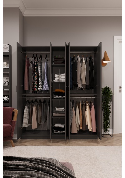 Asra Trend 5 Kapaklı Gardırop G-09 %100 MDF Çift Katlı Askılı Elbise Dolabı Koyu Gri