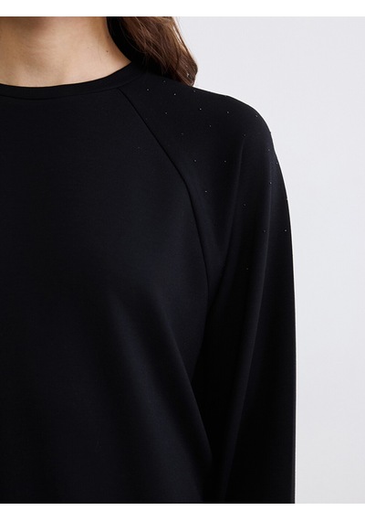 Lcw Comfort Siyah Bisiklet Yaka Taşlı Kadın Sweatshirt