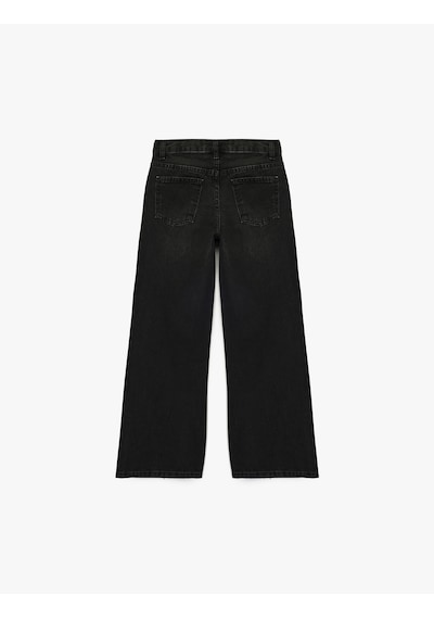 Koton Pamuklu Loose Fit Zımba Detaylı Geniş Paça Denim Pantolon Siyah 6wkg40073ad