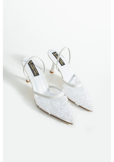 Lebibe Shoes Meggıe Kadın Beyaz Sivri Burun 7 Cm Topuklu Tül Üzerine İnci İşlemeli Slingback Ayakkabı