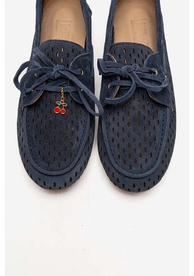 Luvishoes Stevo Kot Mavi Süet Hakiki Deri Delikli Bağcıklı Kadın Loafer Ayakkabı
