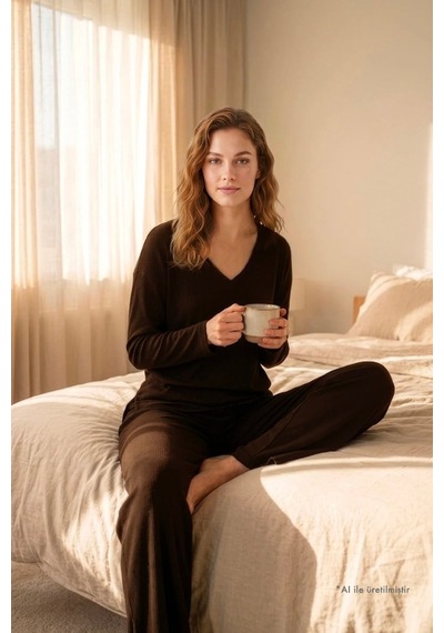 Cottonill Premium - Serene Collection Kahverengi Rib Dokulu Bol Paça V Yaka Viskon Kadın Pijama Takımı
