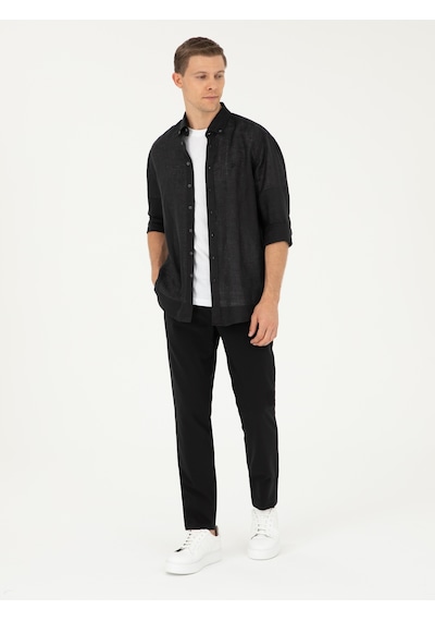 Cacharel Siyah Slim Fit %100 Keten Gömlek