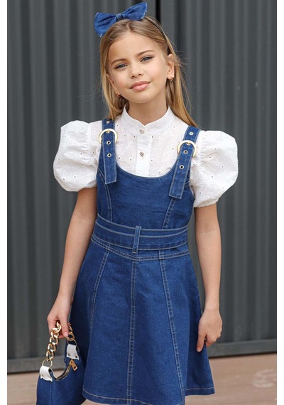 Riccotarz Kız Çocuk Dokuma İşlemeli Gömlek Ve Askı Detaylı Jean Mavi Elbise Mavi