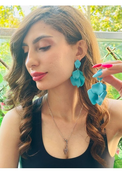 Yaprak Tasarım Kadın Küpe 7 Cm Mavi