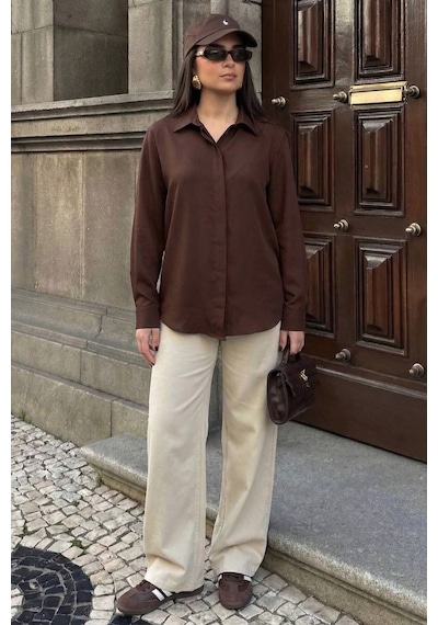 Kahverengi Modern Kesim Kadın Gömlek Mg2674