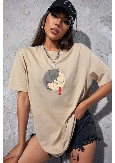 Flood Of Style Unisex Kedi Baskılı T-shirt Bej