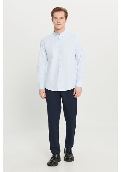 AC&Co / Altınyıldız Classics Erkek Acık Mavı Pamuklu Tailored Slim Fit Dar Kesim Gizli Düğmeli Yaka Armürlü Gömlek Acık Mavı