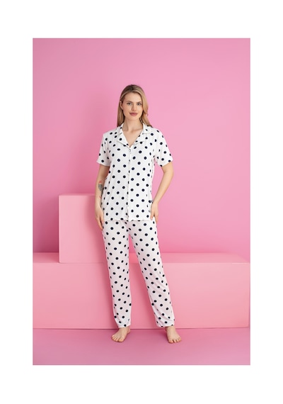 Rindahomewear Kadın Puantıye Desen Milan Düğmeli Pijama Takımı Krem