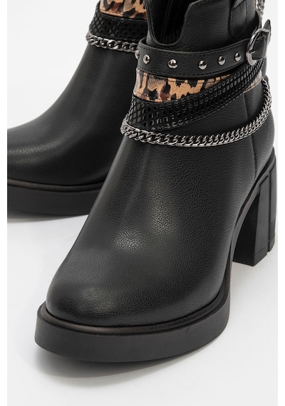 Luvishoes Luvi Shoes Boliva Siyah Kemerli Zincirli Kadın Kalın Topuklu Bot Siyah