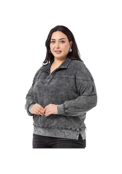 Büyük Beden Pis Dikişli Fermuarlı Yırtmaçlı Parça Boyalı Antrasit Sweatshirt-antrasit Antrasit
