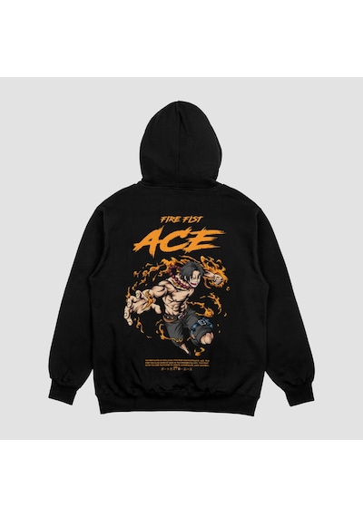 Unisex Siyah Ace Baskılı Hoodie Oversize Kapşonlu Sweatshirt Siyah