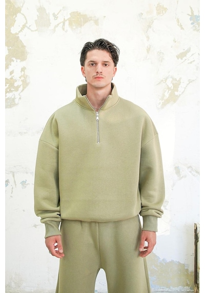 Soft Yeşil Cozy Basic Yarım Fermuar Oversize Sweatshirt Soft Yeşil