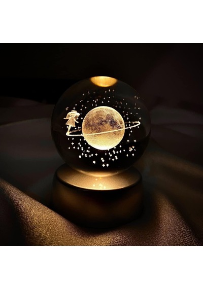 Kristal Cam Küre Renk Değiştiren Led Işıklı Gece Lambası Dekoratif Hediyelik Satürn Kızı