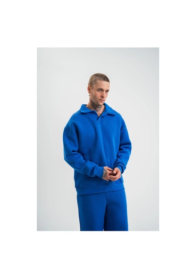 Erkek Açık Yakalı Oversize 3 İplik Pamuklu Sweatshirt - Mii Mavi