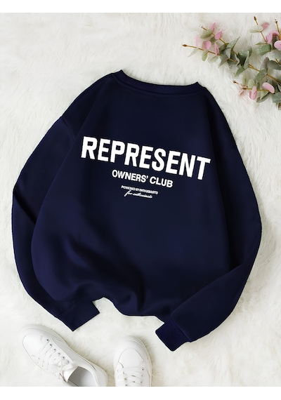 Startmore Lacivert Unisex Erkek/kadın Renkli Represent Özel Baskılı Oversize Pamuklu Bisiklet Yaka