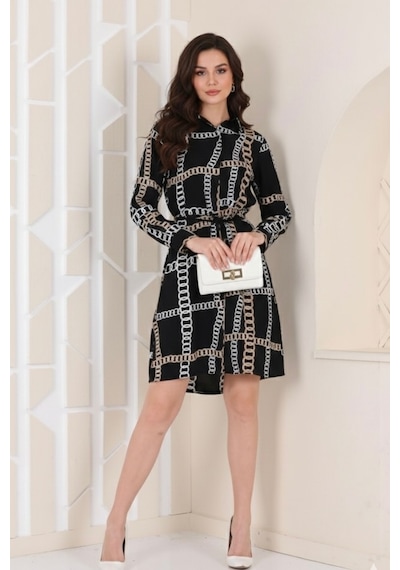 Polologin Butik Zincir Desenli Kuşaklı Gömlek Elbise - Siyah/ekru Siyah