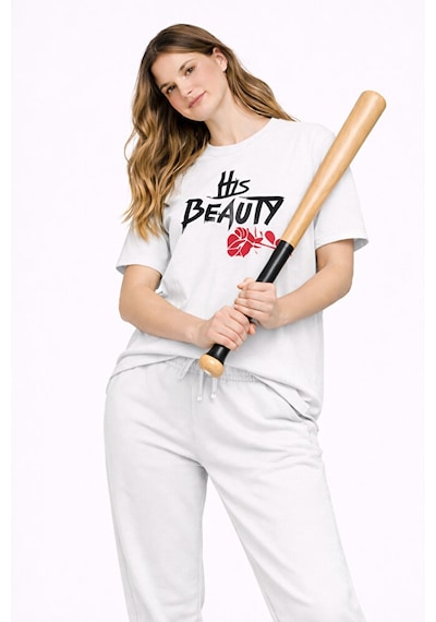 Sevgili Kombini Her Beast His Beauty Oversize Çift Tişört Unisex Beyaz