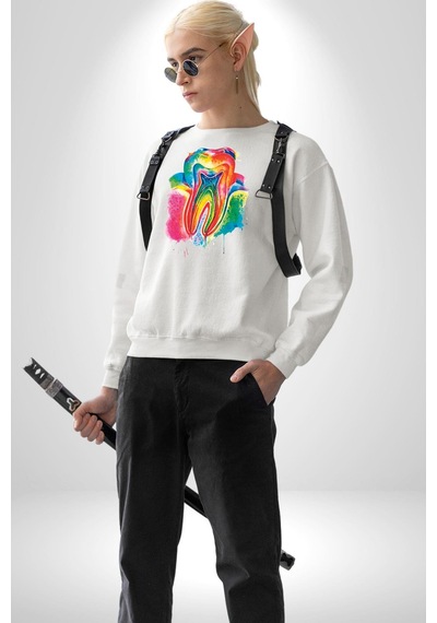 Diş Doktoru Diş Anatomisi Özel Tasarım Unisex Beyaz Sweatshirt Beyaz