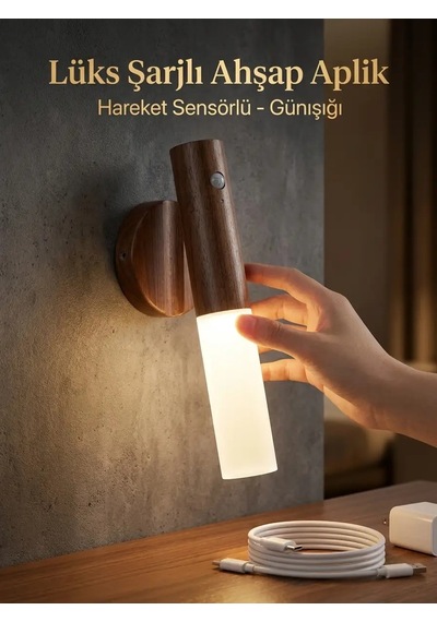 Hareket Sensörlü Kablosuz Led Aplik Şarjlı Ahşap Renk Günışığı Duvar Lüks Lambası Gün Işığı