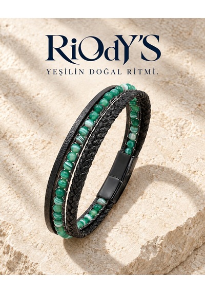 Riody's Agata Verde Erkek Bileklik Doğal Yeşil Akik Taşlı Siyah Deri Çelik Kilit Siyah - Yeşil