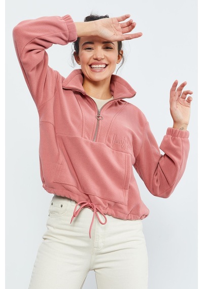 Tommy Life Yaban Gülü Yarım Fermuar Etek Ucu Büzgülü Kadın Polar Oversize Sweatshirt - 97171 Pembe