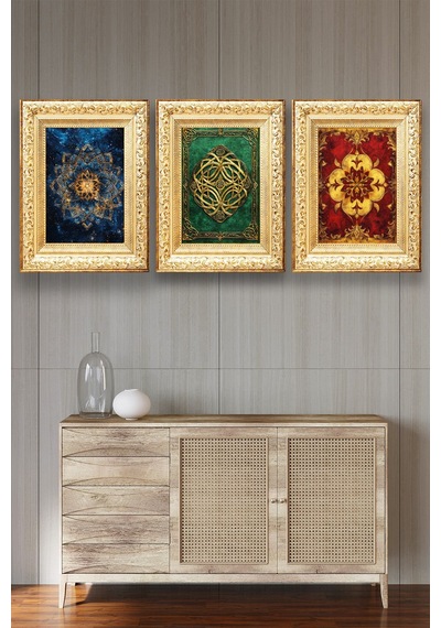 Altın Çerçeve Görünümlü 3 Ayrı Motif Ve Renkli Tablo Seti, Ev, Oturma Odası Dekoratif Duvar Süsü