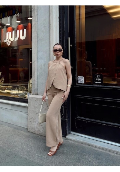 Defymoda Kadın Aerobin Kumaş Kruvaze Takım Krem