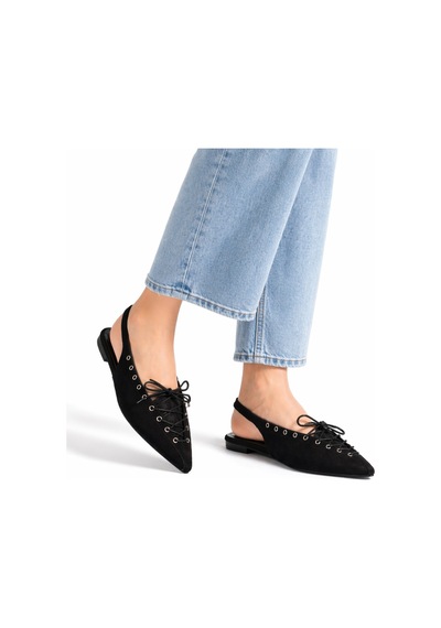 Dadwolf Kadın Süet Bağcıklı Slingback Babet Sivri Burun Arkası Açık Günlük Ayakkabı Siyah Süet