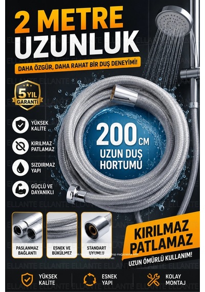 Uzun Lüks Örgülü Kopmaz Patlamaz Duş Hortumu 200 Cm Uzunluk Yüksek Kalite Gri Çok Renkli