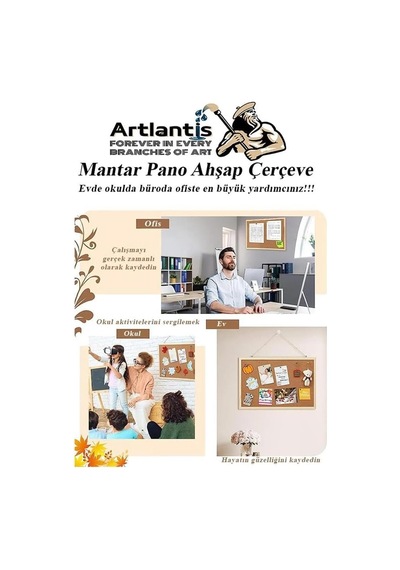 Dekoratif Mantar Pano Ahşap Çerçeve 30x45 Cm 1 Adet Harita Çivisi Hediyeli Duvara Monte Mantar Çerçeve Evde Okulda Diğer