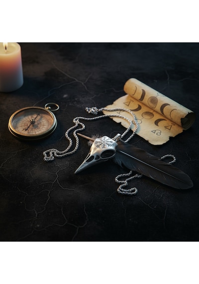 Koruma Kuzgun Kafatası - Vegvisir Gümüş Kaplama Örme Zincir Kolye Silver