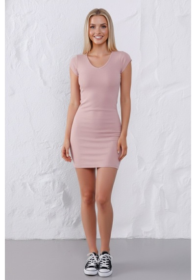 Defymoda Kadın Pembe Bisiklet Yaka %95 Pamuklu Fitilli Likralı Kaşkorse Slim Fit Basic Mini Elbise Pembe