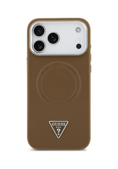 Apple Uyumlu iPhone 17 Pro Kılıf Guess Lisanslı M-safeli Pu Deri Metal Kamera Çerçeve Üçgen Logo Kapak Kahverengi Kahverengi