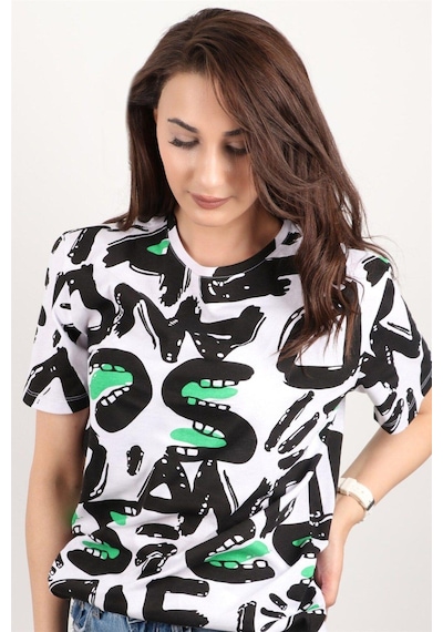 Kadın Baskılı Bisiklet Yaka Oversize T-shirt Beyaz Kadın Baskılı Bisiklet Yaka Oversize T-shirt Beyaz