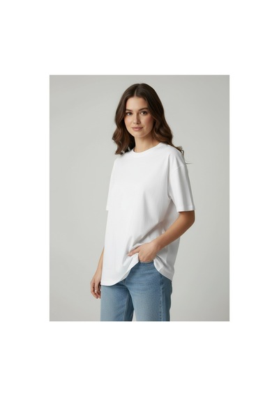 Lyvean Bisiklet Yaka Oversıze Kısa Kollu Tshirt Beyaz