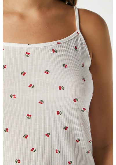 Ritnice Kadın June Askılı Kiraz Desenli Alt Üst Pijama Takımı Ekrukırmızı