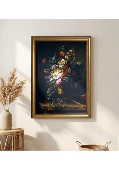 Klasik Gold Çerçeveli Barok Çiçek Natürmort Tablo Lüks Salon Oturma Odası Duvar Dekoru 60x80 Cm