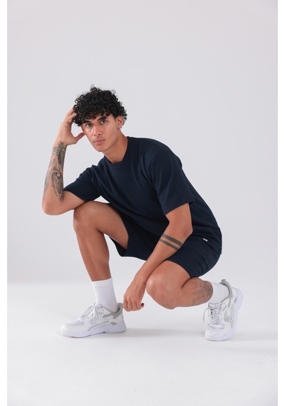 Rowinger Waffle Dokulu Oversize T-shirt Ve Şort Erkek Takım Navyblue