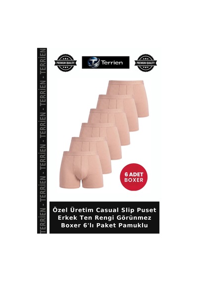 Terrien Özel Üretim Casual Slip Puset Erkek Ten Rengi Görünmez Boxer 6'lı Paket Pamuklu Ten 6