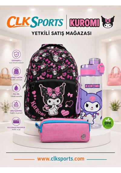 Kuromi Okul Çantası , Çift Gözlü Kalem Çantası , Kuromi Anahtarlık Ve Matara Seti 1 Parça