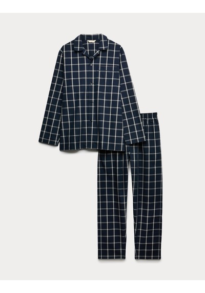 Marks & Spencer Saf Pamuklu Kareli Pijama Takımı T07004777 Lacivert