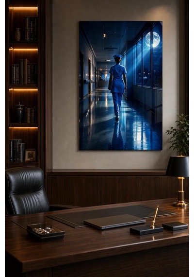Gece Nöbeti Hemşire Baskılı Cam Tablo Uv Baskı Modern Hastane Duvar Dekoru